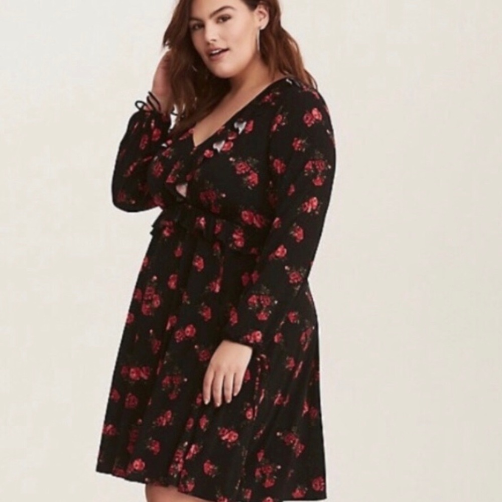 Torrid Long Sleeve Dress, Black with Red Roses